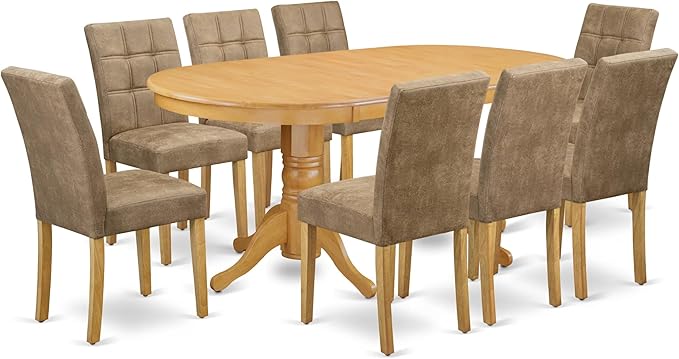 East West Furniture VAAS9-OAK-28 9 Piece Mid Century Modern Dining Table Set Contain A Dining Table and 8 Brown Textured Polyester Fabric Modern Chairs, Oak