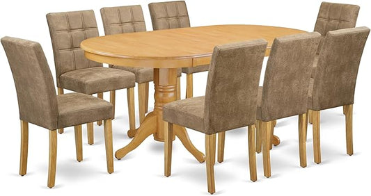 East West Furniture VAAS9-OAK-28 9 Piece Mid Century Modern Dining Table Set Contain A Dining Table and 8 Brown Textured Polyester Fabric Modern Chairs, Oak
