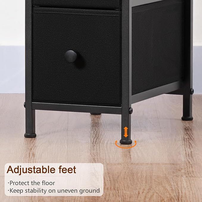 Narrow End Table Living Room with Charging Station, Skinny Side Table with Fabric Drawers, Slim Nightstand for Bedroom, Small Spaces, Couch, Black, HETNDP03BK-1