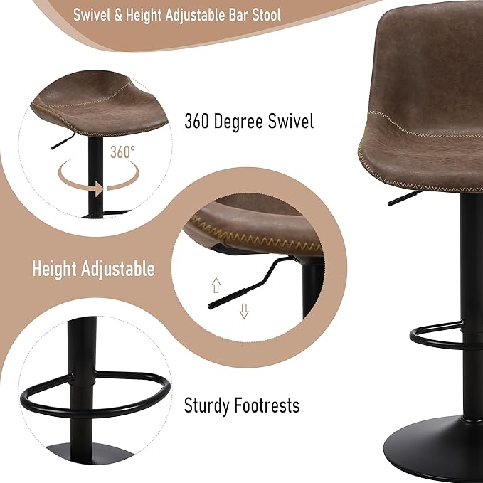 Bar Stools, Swivel Counter Height Barstools with Back, Adjustable Modern Bar Chairs, Tall Armless PU Leather Kitchen Island Stool (Brown, Set of 1)