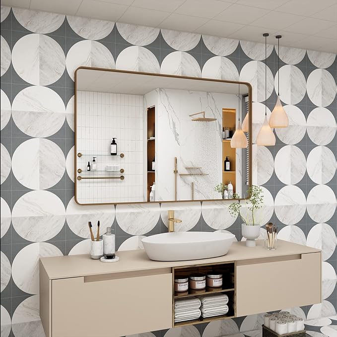 48x30 Inch Gold Bathroom Mirror for Wall, Brushed Brass Metal Framed Gold Vanity Mirror, Rounded Rectangle Golden Mirror, Shatterproof, Anti-Rust (Horizontal/Vertical)
