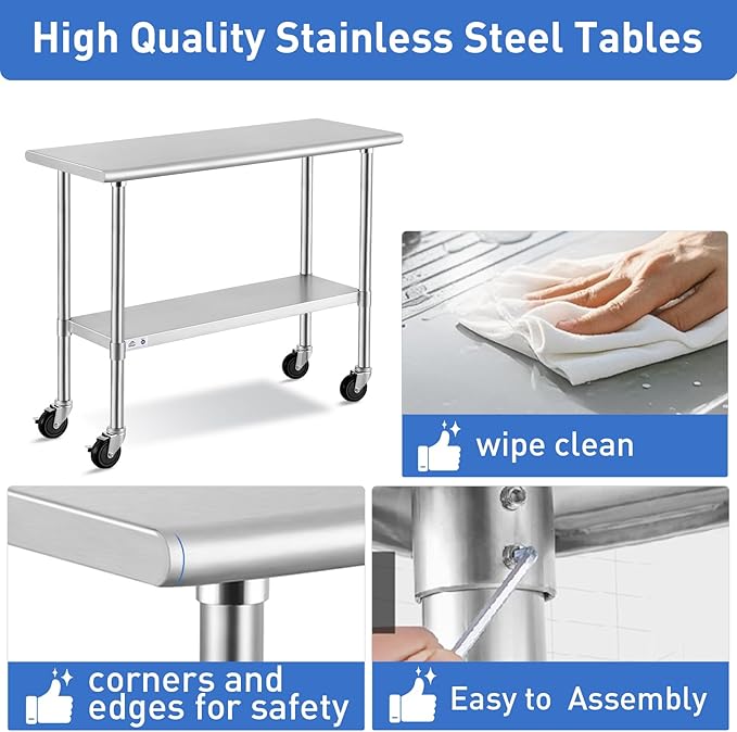 ROCKPOINT Stainless Steel Table for Prep & Work with Caster Wheels 30x60 Inches, NSF Metal Commercial Kitchen Heavy Duty Table with Adjustable Under Shelf and Table Foot for Restaurant, Home and Hotel