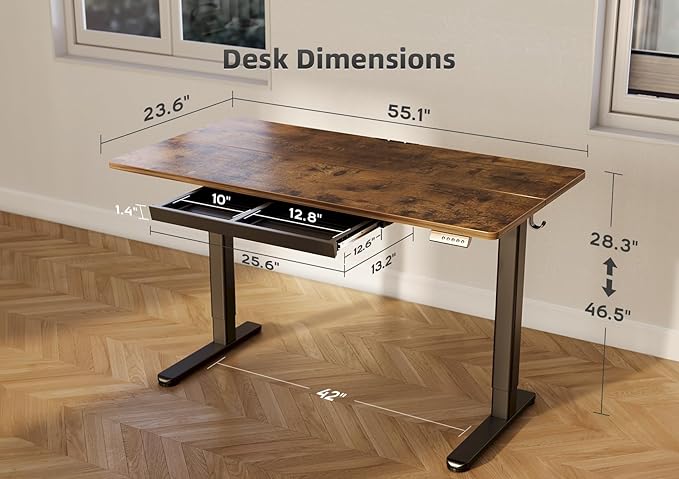 YDN Standing Desk with Drawers, Electric Adjustable Height 55 x 24 Inch Stand Up Desks for Home Office, Rustic Brown