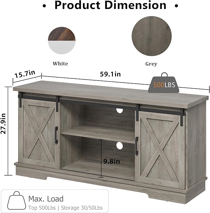 IDEALHOUSE Farmhouse Tv Stand for 65 Inches TVs, Entertainment Center with Storage and Sliding Barn Doors, Adjustable Shelf Modern Media TV Console TV Stand Table for Living Room, Bedroom, Grey