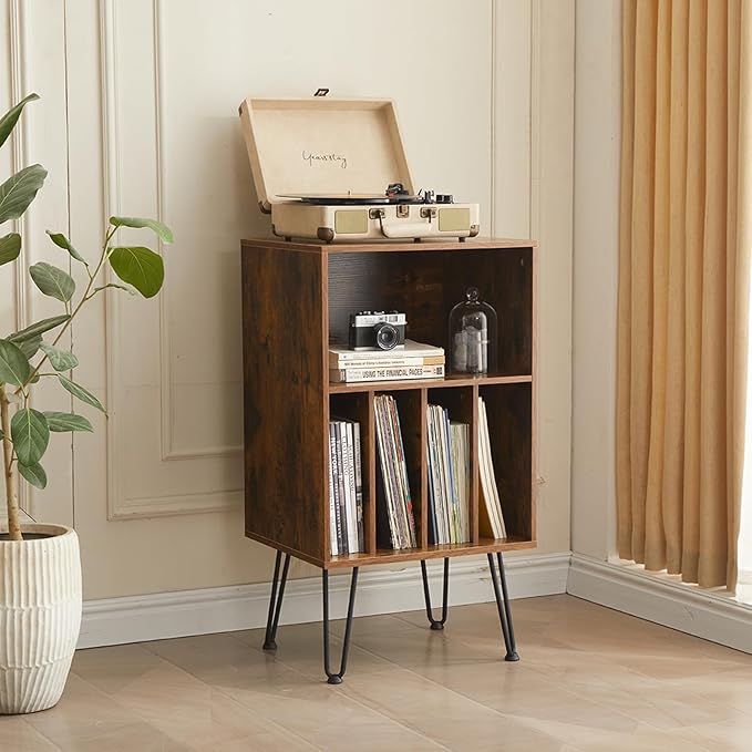 Record Player Stand with Vinyl Storage, Vinyl Record Storage Cabinet Holds Up to 150 Albums, End Table for Record Player, Turntable Stand with Record Storage for Living Room, Brown