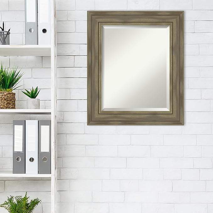 Amanti Art Grey Wall Mirror 26x22 Alexandria Greywash Rectangle Bathroom Mirror for Wall Decor Living Room, Small Country Rustic Wood Frame, Hangs Horizonally and Vertically, Bathroom Decor, Beveled