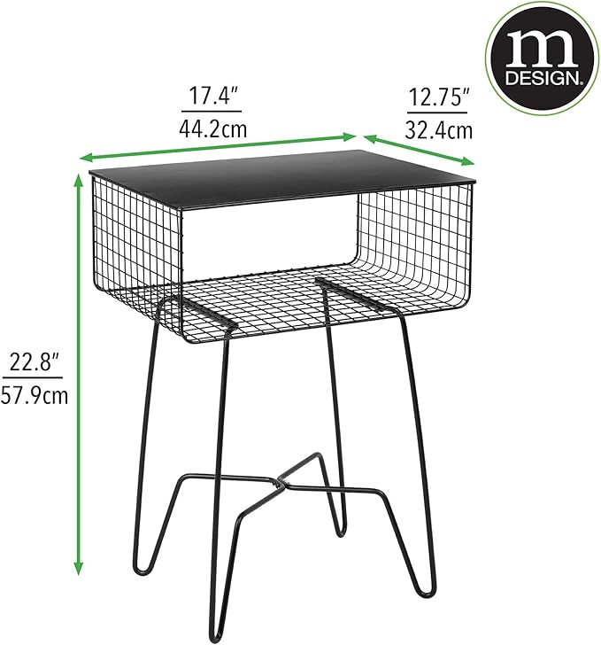 mDesign Steel Side Table Nightstand with Storage Shelf Basket for Bedroom, Living Room, Home Office; Rustic Bedside End Table, Industrial Modern Accent Furniture - Concerto Collection - Black