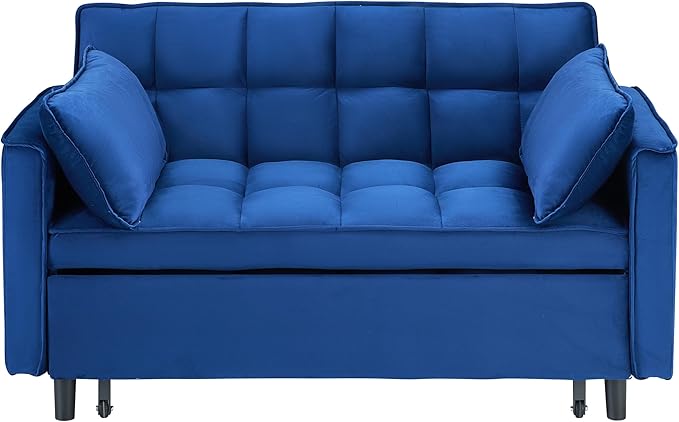 Ball & Cast 55" Convertible Sofa Bed,3 in 1 Sleeper Sofa W/Pull-Out Bed,Convertible Pull Out Couch W/2 Pillows,Adjustable Backrest & Side Pocket,Velvet Futon Couches for Living Room,Apartment,Blue
