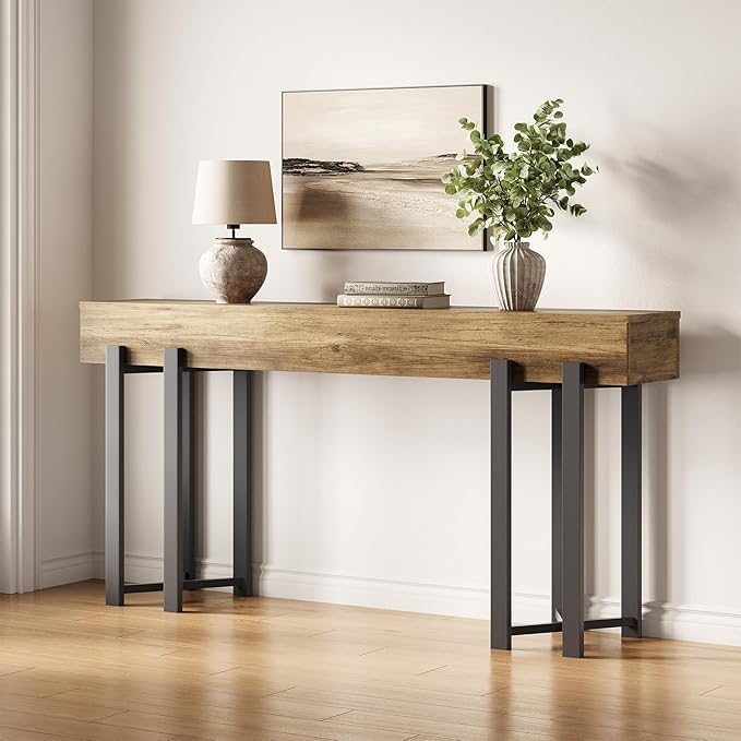 LITTLE TREE 63-Inch Console Table for Entryway, Industrial Behind Couch Table, Minimalist Sofa Table for Living Room, Rustic Brown Wooden Hallway Foyer Table with Black Metal Frame