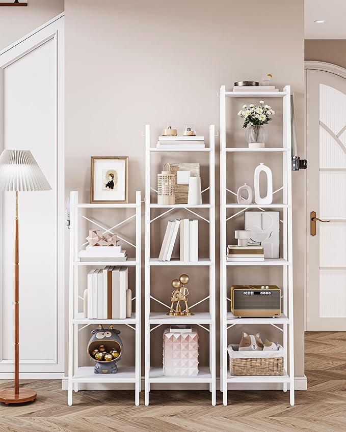 Ladder Shelf, Bookshelf Bookcase, Freestanding Corner Storage Shelve with 2 Hooks for Home Office, Living Room, Kitchen, Bedroom, Industrial, 6-Tier White BC13313W