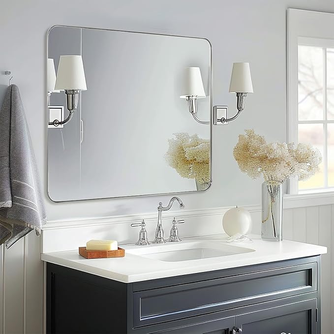 ANDY STAR Brushed Nickel Mirrors for Bathroom Sink, 30x30 Inch Bathroom Vanity Mirror with Square Metal Frame-Modern Clean Design with Superior Stainless Steel Frame