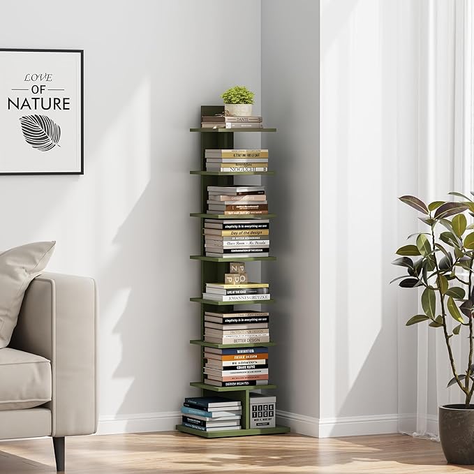 TUTOTAK Bookshelf, 8-Tier Bookcase, Narrow Spine Book Shelf for Small Space, Corner Standing Shelf for Living Room, Office, Study, Entryway, Olive Green BS06BOG008