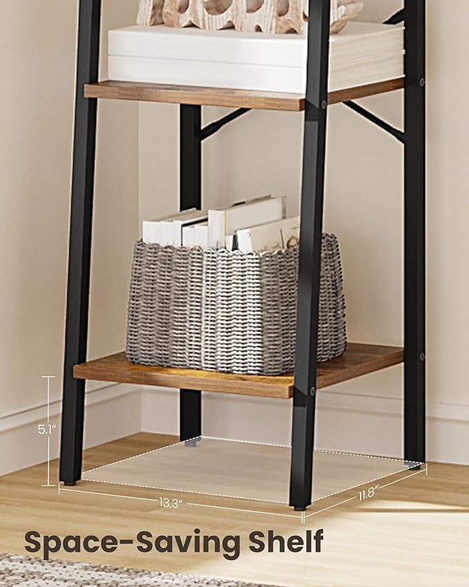 Ladder Shelf, Bookshelf Bookcase, Freestanding Corner Storage Shelve with 2 Hooks for Home Office, Living Room, Kitchen, Bedroom, Industrial, 6-Tier Rustic Brown BC13301B