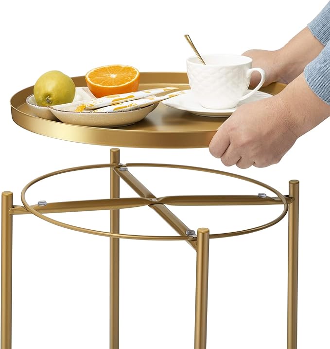 danpinera Gold Side Table 2 Pack, End Table for Small Spaces Outdoor Accent Table Round Metal Patio Coffee Table Waterproof Removable Tray for Living Room Bedroom Balcony Office