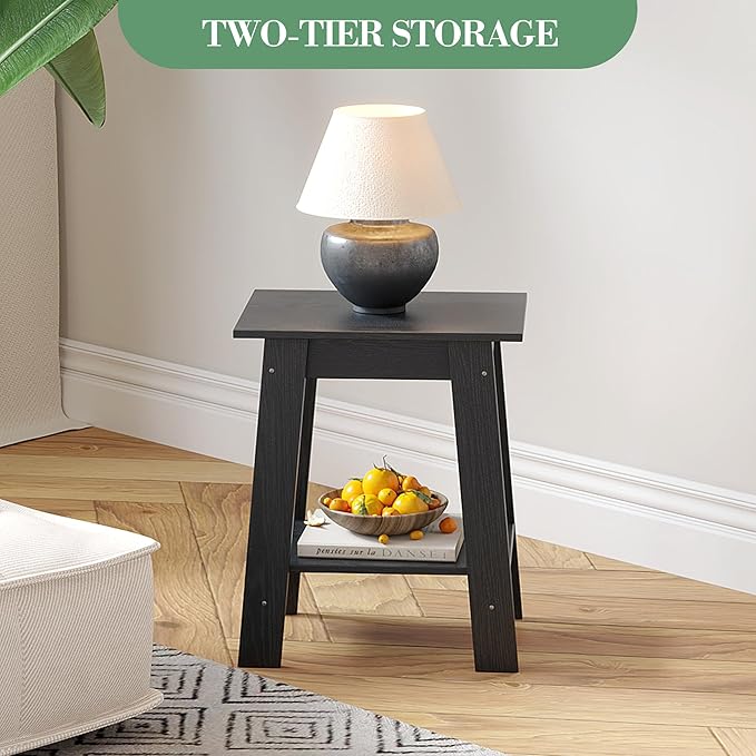 End Table with Double Storage Shelves, Small Space Side Table for Farmhouse Bedroom, Studio Apartment, Entryway， Brown