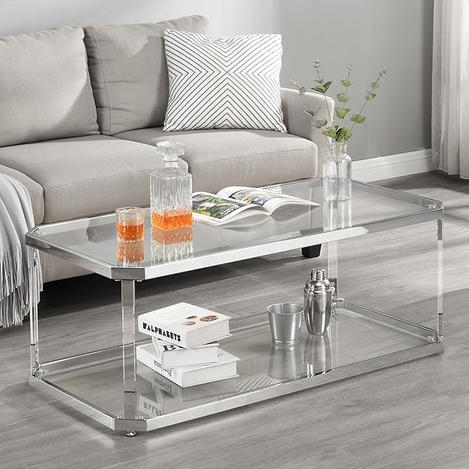 Glass Top Coffee Table, Sliver Rectangle Coffee Table Glass Top with 2 Tiers, Acrylic Leg, Chrome Frame, Modern Center Table for Living Room