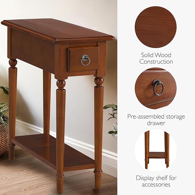 Leick Home Coastal End Table, Solid Wood, 1 Drawer, Bottom Display Shelf, Easy-Assembly, For Living Room/Bedroom, Rich Pecan Brown, 23.5 in. L x 10.0 in. W x 24 in. H, 20017-PC