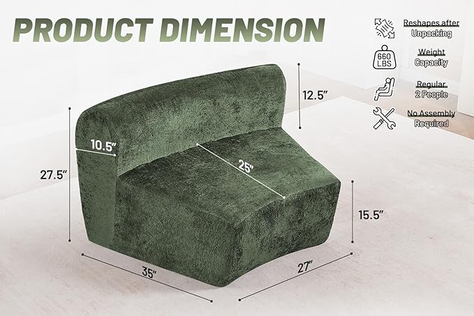 Homguava Modular Sectional Sofa, Memory Foam Couch Single Sofa Chair with Deep Seat, Modern Upholstered Sofa Couches for Living Room Apartment Office, No Assembly Required, Green