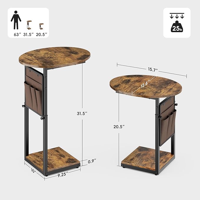 Vagusicc C Shaped End Table, Adjustable Height Small Side Table for Couch and Recliner, 32" Tall Couch Side Table Slide Under Sofa Tray Desk with Storage Bag for Living Room and Bedroom, Brown