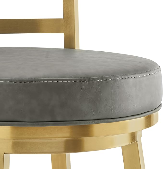 Armen Living Madrid 30" Seat Height Swivel Modern Vintage Gray Faux Leather and Gold Brushed Stainless Steel Bar Stool for Kitchen Island Counter