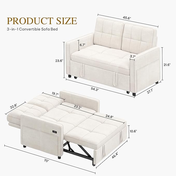 DWVO 55" Convertible Sofa Bed, 3-in-1 Sleeper Sofa with Pull-Out Couch, Velvet Futon Couch with Adjustable Backrest and USB, Modern Loveseat for Living Room Apartment, Light Beige
