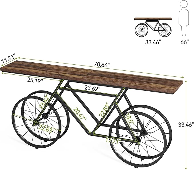 LITTLE TREE Narrow Sofa Table, 70.9-Inch Extra Long Console Table for Living Room, Entryway, with Unique Bicycle Metal Base. Rustic Brown