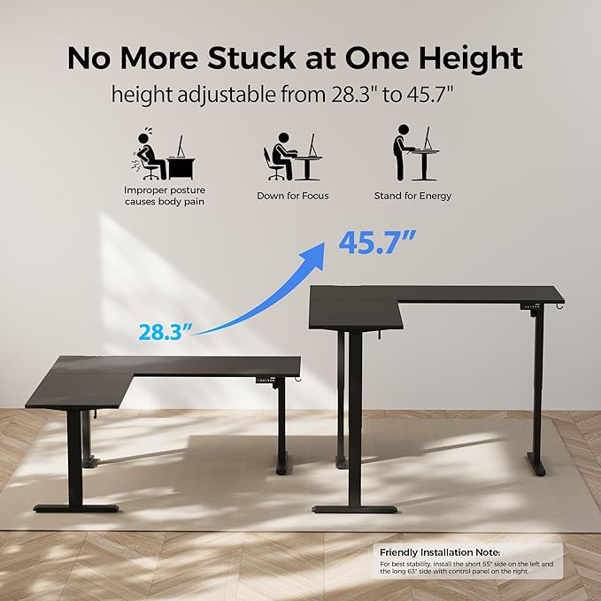 Agilestic 63 x 55 Inch L Shaped Standing Desk Adjustable Height, Corner Standing Desk, Sit Stand Up Computer Table, Splice Board, Black