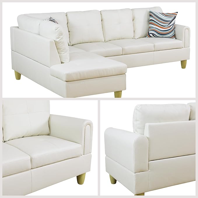 L Shaped Couch Sectional Couches with Chaise, 3 Pieces Modular Convertible Sofa for Living Room Furniture Sets and Small Apartment Faux Leather, White