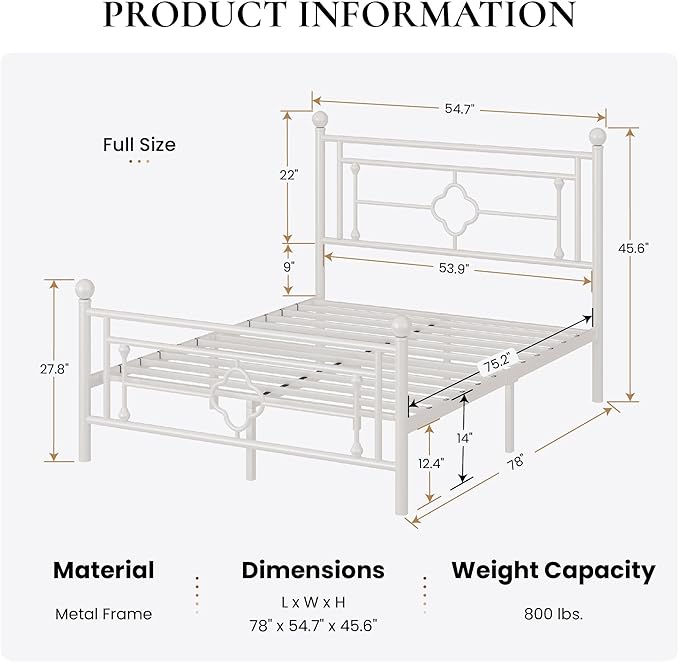 SHA CERLIN 14 Inches Full Size Metal Platform Bed Frame/Vintage Iron-Art Headboard and Footboard/Mattress Foundation for Storage/No Box Spring Needed/Noise-Free/Easy Assembly/White