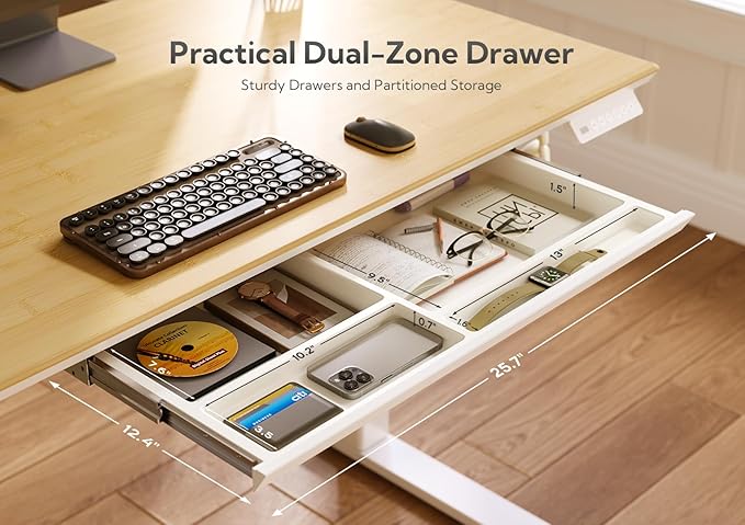 INNOVAR Bamboo Standing Desk with Drawers, 55" Adjustable Stand Up Electric Home Office Desk with Whole-Piece Board, White Frame/Bamboo Top