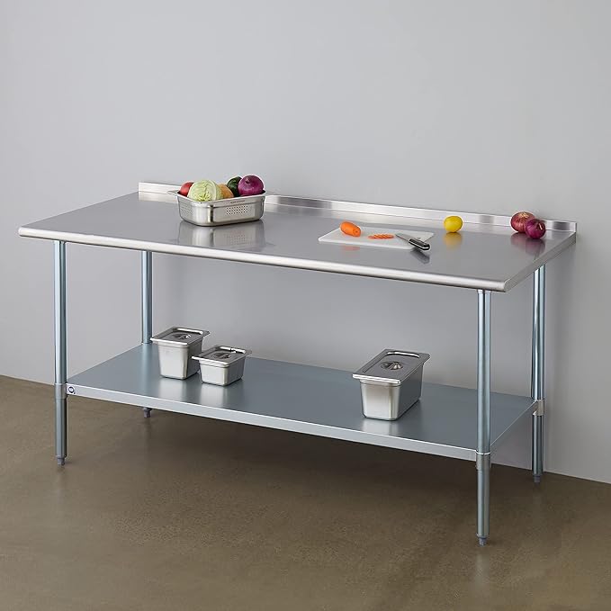 ROCKPOINT Stainless Steel Table for Prep & Work with Backsplash 30x72 Inches, NSF Metal Commercial Kitchen Heavy Duty Table with Adjustable Under Shelf and Table Foot for Restaurant, Home and Hotel