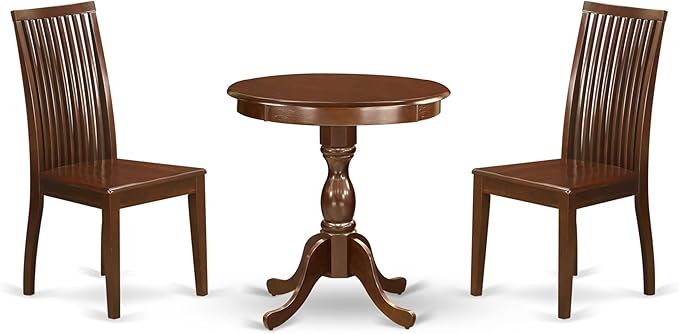 East West Furniture ESIP3-MAH-W 3 Piece Dining Table Set for Small Spaces Contains a Round Dining Room Table with Pedestal and 2 Wood Seat Chairs, 30x30 Inch, Mahogany