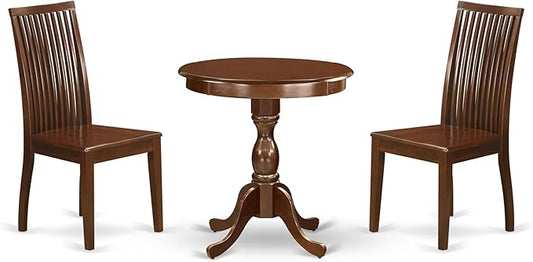 East West Furniture ESIP3-MAH-W 3 Piece Dining Table Set for Small Spaces Contains a Round Dining Room Table with Pedestal and 2 Wood Seat Chairs, 30x30 Inch, Mahogany