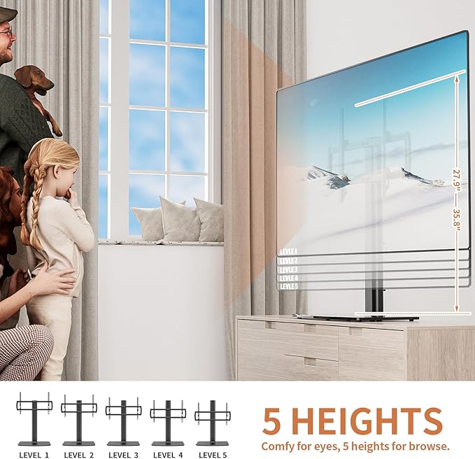 Universal TV Stand/Base Tabletop TV Stand with Wall Mount for 40 to 86 inch 5 Level Height Adjustable, Heavy Duty Tempered Glass Base, Holds up to 132lbs Screens, HT03B-003