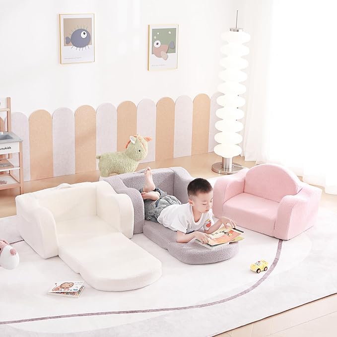 Tiita Kids Sofa, 2-in-1 Kid Sofa Chair, Convertible Chirldren Couch to Lounger, Flip Out Kids Sofa Chair, Toddler Armrest Chair Bed, Folding Kids Play Sofa for Girl or Boy, Grey