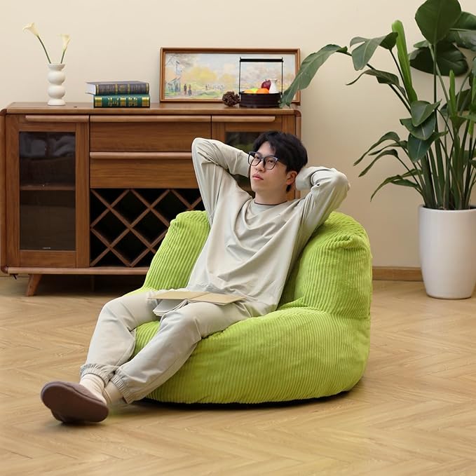 N&V Large Crescent Bean Bag Chair, Adult Size Bean Bag Sack, Foam Filling, Soft Premium Corduroy Bean Bag for Living Room Bedroom Dorm and Office (Lime)