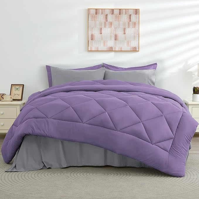 HEVUMYI Full Comforter Set - 7-Piece All Season Bed in a Bag Full, Ultra Soft Bedding Set with Comforter, Flat Sheet, Fitted Sheet, Pillowcases, Pillow Shams, Purple & Light Grey