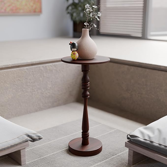 Relso Stambha Solid Wood Drink Table – 24" Tall Round Accent Side Table for Living Room or Bedroom, Narrow End Table or Indoor Plant Stand, Walnut Finish, Handcrafted Mango Wood Furniture