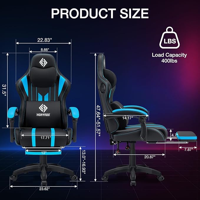 HOFFREE Gaming Chair with Music Rhythm RGB LED Lights and Bluetooth Speakers Ergonomic Massage Computer Gaming Chair with Footrest Video Game Chair High Back with Lumbar Support Blue and Black