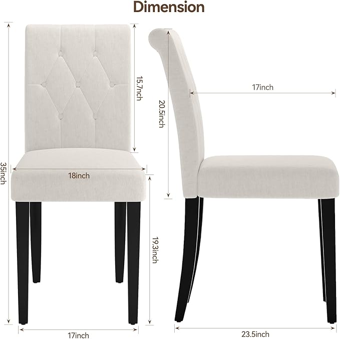 Upholstered Dining Chairs Set of 2, Modern Button Tufted Parsons Design with Solid Wood Legs, Soft Fabric Side Chairs Comfortable & Stylish, White