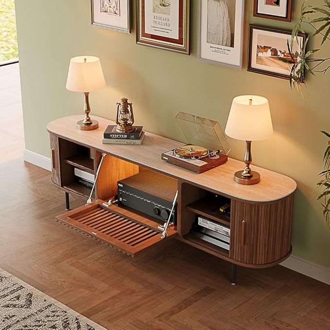 POVISON Fully-Assembled Mid Century Modern Black TV Stand with White Matte Travertine Stone Tabletop & LED Lights, Rolling Door Media Console, Wood TV Console for Living Room