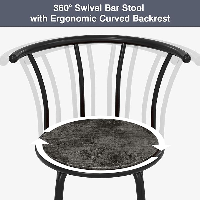 VECELO Bar Stools Set of 2, Swivel Counter Stools with Backrest, Bar Height Stools for Dining Room, Kitchen Island, Pub, Easy Assembly, Dark Grey