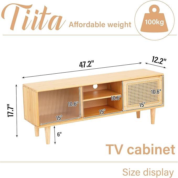 Tiita Rattan TV Stand for 55 Inch TV, Bamboo TV Cabinet with Adjustable Shelf and Storage, Boho Entertainment Center, Mid Century Modern Media Console for Bedroom, Living Room, Study (Natural)