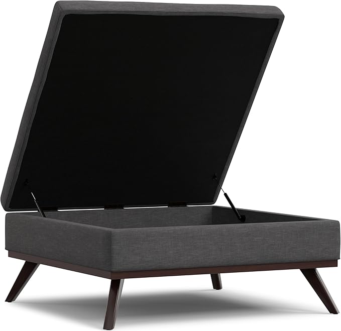 SIMPLIHOME Owen 40 inch Wide Mid Century Modern Square XL Coffee Table Storage Ottoman in Slate Grey Polyester Fabric, Assembled, for The Living Room, Entryway and Family Room