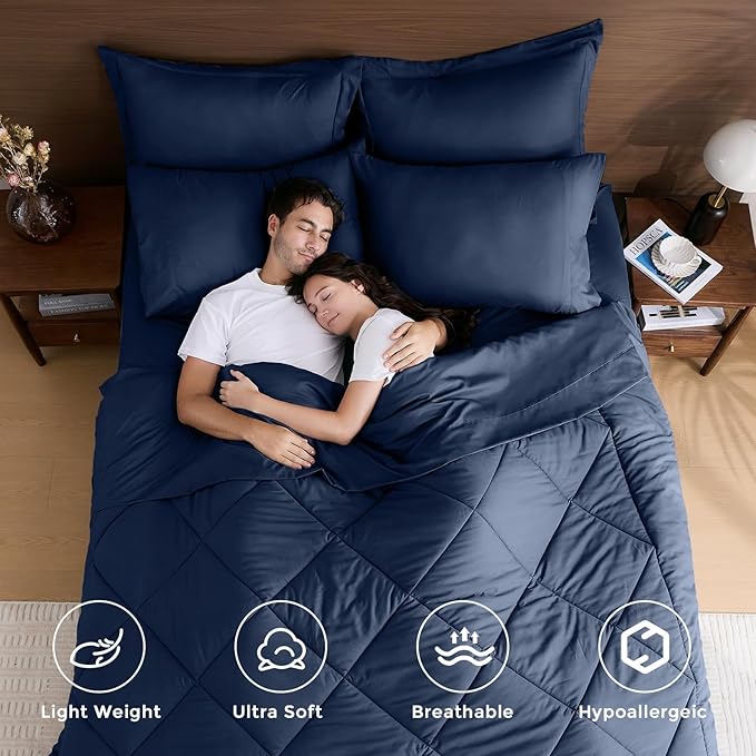 HEVUMYI Navy Blue Twin-XL Comforter Set - 5-Piece All Season Bed in a Bag Twin-XL, Ultra Soft Bedding Set with Comforter, Flat Sheet, Fitted Sheet, Pillowcases, Pillow Shams, Navy Blue
