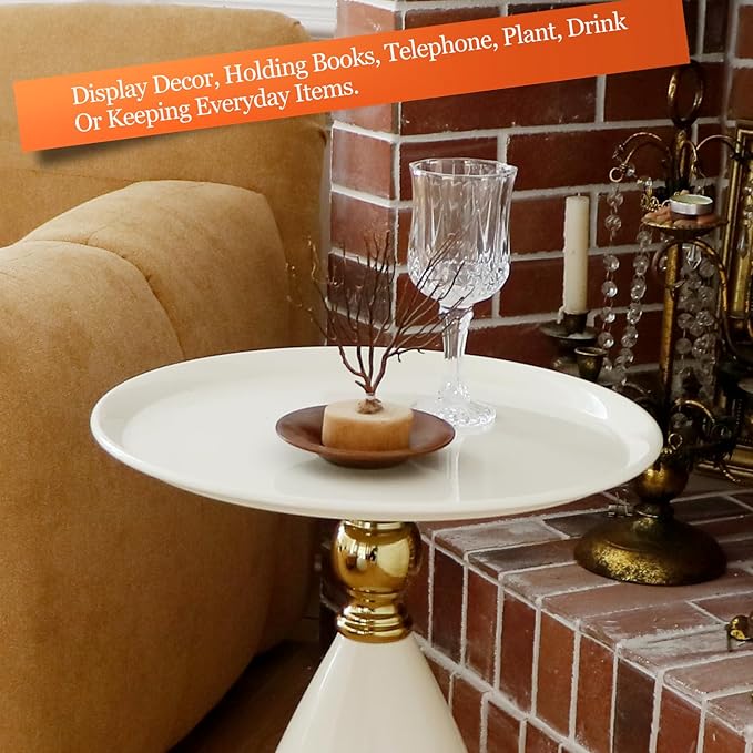 Small Round Side Table for Small Spaces, White Pedestal Modern Couch End Tables for Living Room, Unique Accent Sofa Drink Table Metal Martini Tables for Recliner, Bedroom