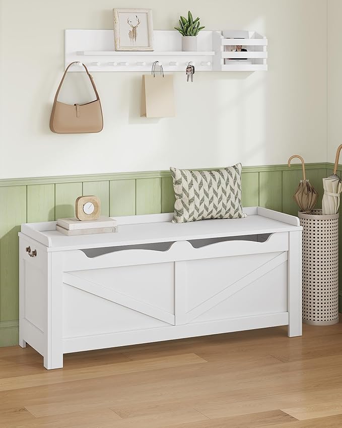 47.2" Storage Chest, Extra Large Storage Trunk with 2 Safety Hinges, Wooden Box Bench, Lift-Top Organizer Chest, Shoe Bench for Entryway, Bedroom, Living Room, White SB14503X