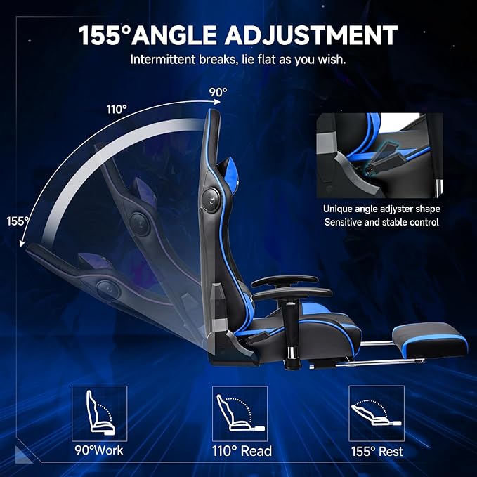 GTPLAYER Gaming Chair with Bluetooth Speakers and Footrest, Ergonomic Gamer Chair with Reclining Backrest, 3D Armrests, Adjustable Seat Height, Computer Desk Chair for Adults (Blue)