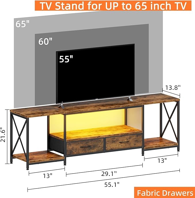 LED TV Stand with 2 Fabric Drawers for 65 60 55 Inch TV, Entertainment Center TV Stands for Living Room, Bedroom, TV Media Console Table with Storage Shelves, 55" Rustic Brown