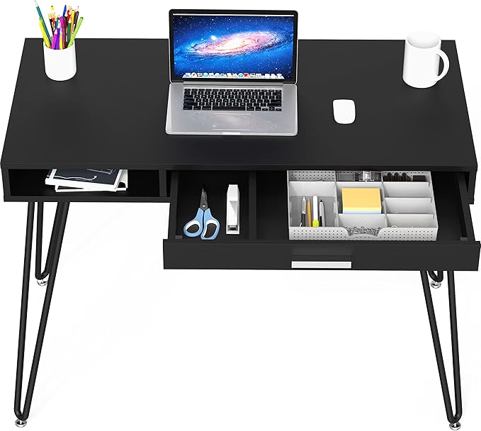 SHW Home Office Computer Hairpin Leg Desk with Drawer, Black